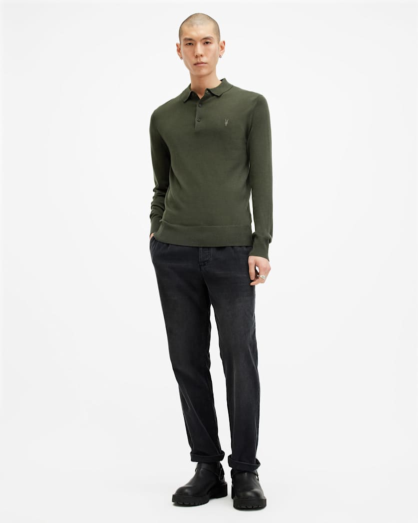 AllSaints Mode Merino Long Sleeve Ramskull Polo Shirt Navy Blue