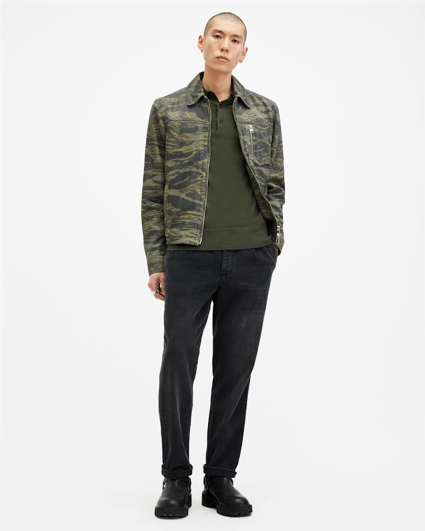 AllSaints Mode Merino Long Sleeve Ramskull Polo Shirt Navy Blue