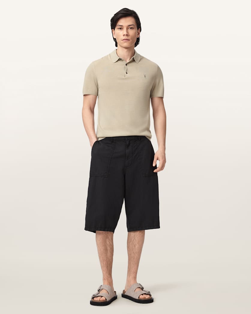 AllSaints Mode Merino Short Sleeve Ramskull Polo Shirt Navy Blue