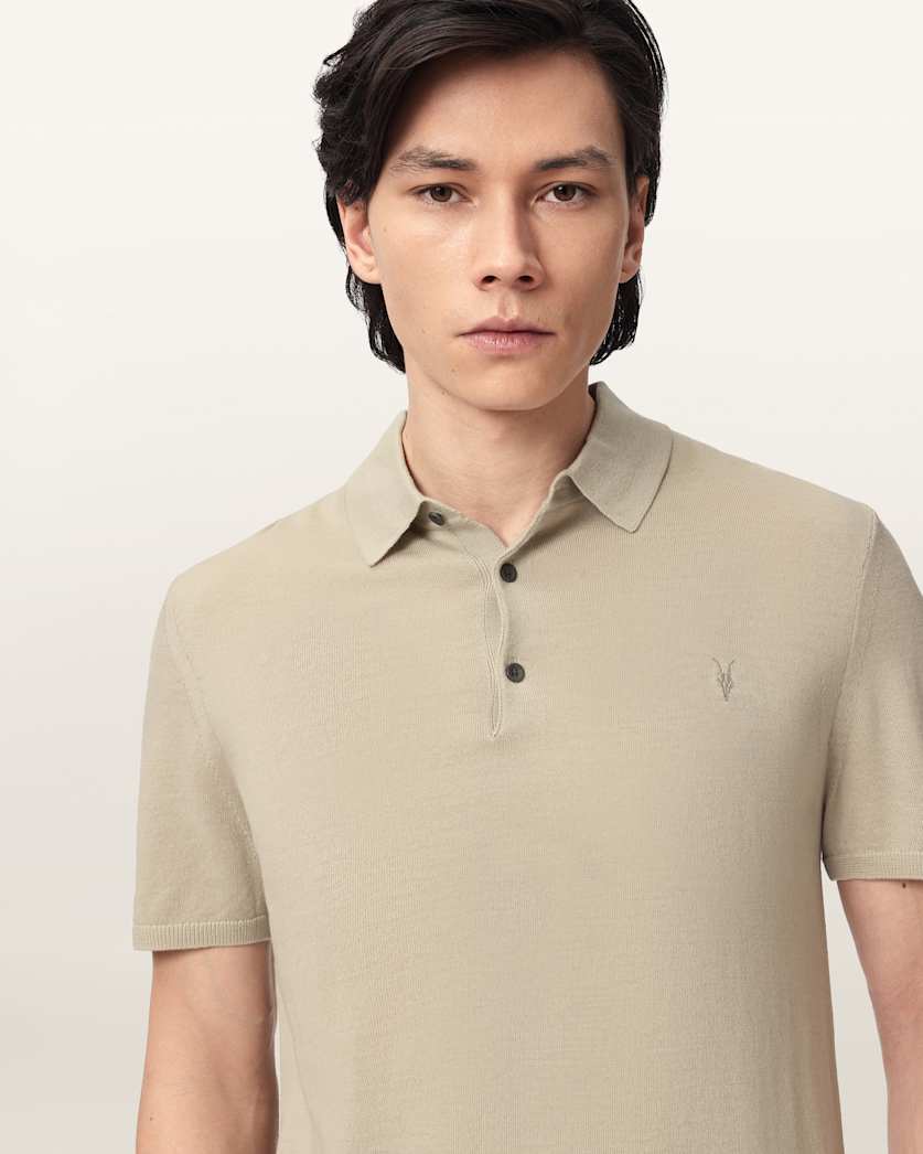 AllSaints Mode Merino Short Sleeve Ramskull Polo Shirt Navy Blue