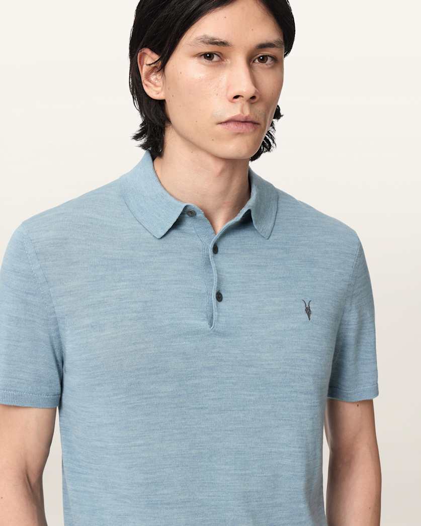 AllSaints Mode Merino Short Sleeve Ramskull Polo Shirt Navy Blue