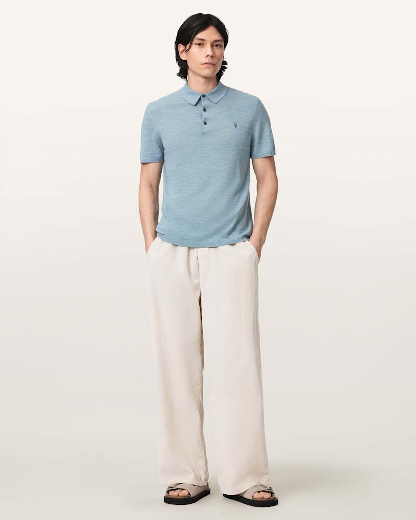 AllSaints Mode Merino Short Sleeve Ramskull Polo Shirt Navy Blue