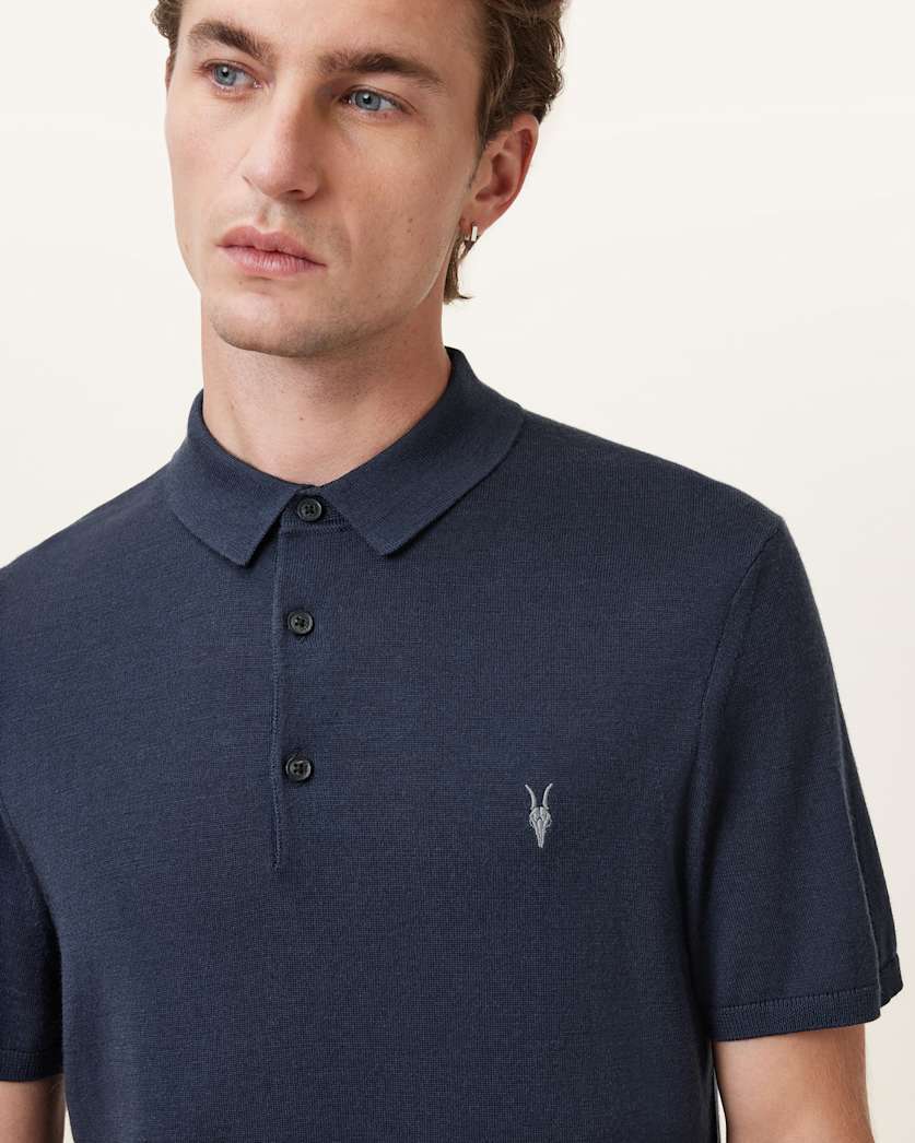 AllSaints Mode Merino Short Sleeve Ramskull Polo Shirt Navy Blue