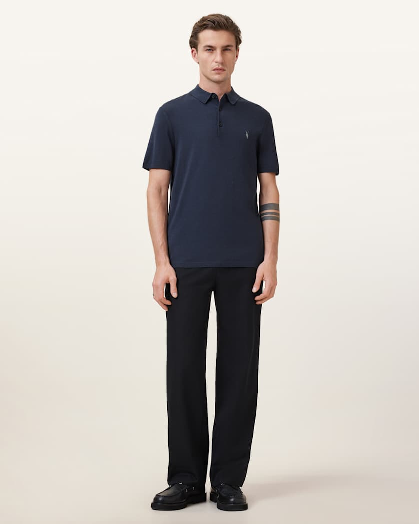AllSaints Mode Merino Short Sleeve Ramskull Polo Shirt Navy Blue