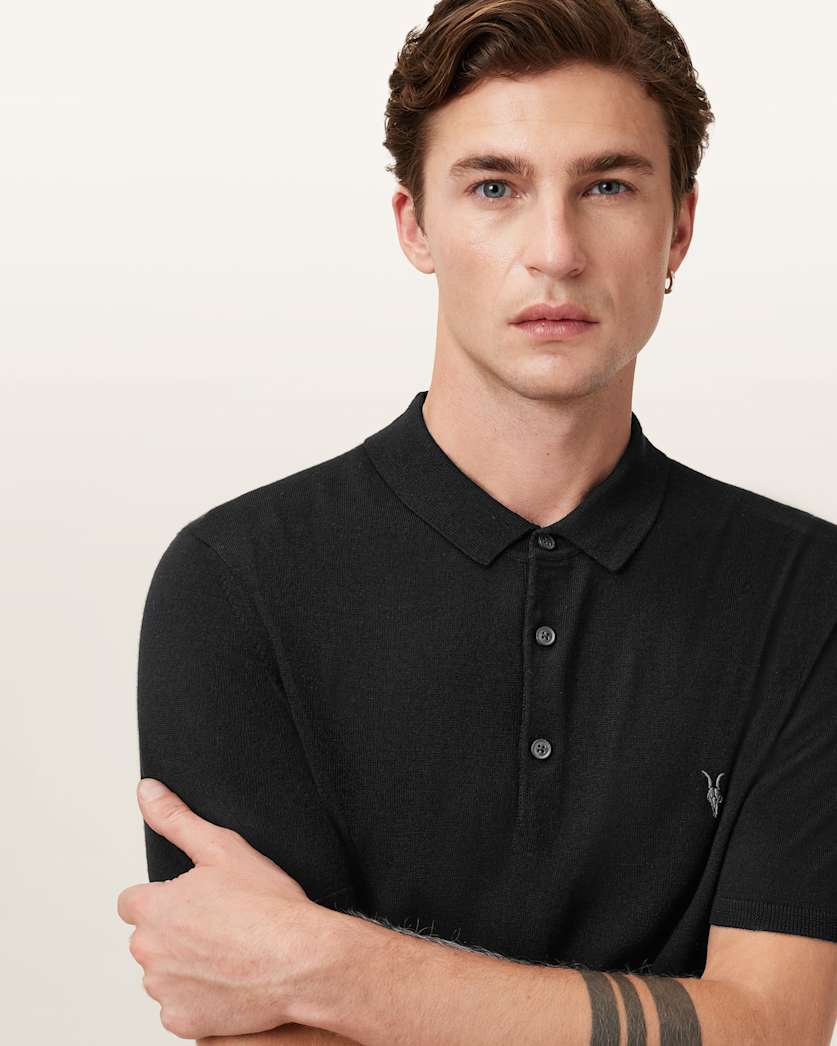 AllSaints Mode Merino Short Sleeve Polo Shirt Black
