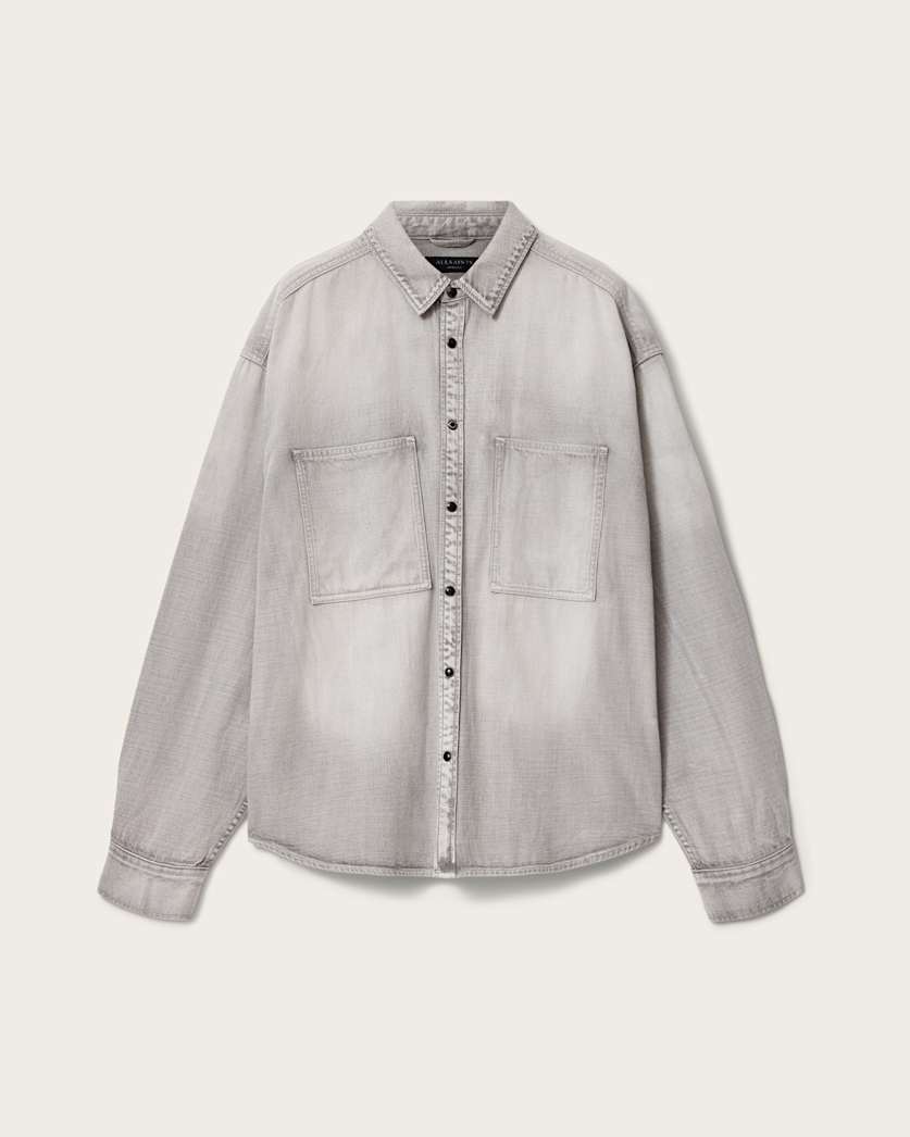 AllSaints Al Oversized Denim Shirt Light Grey