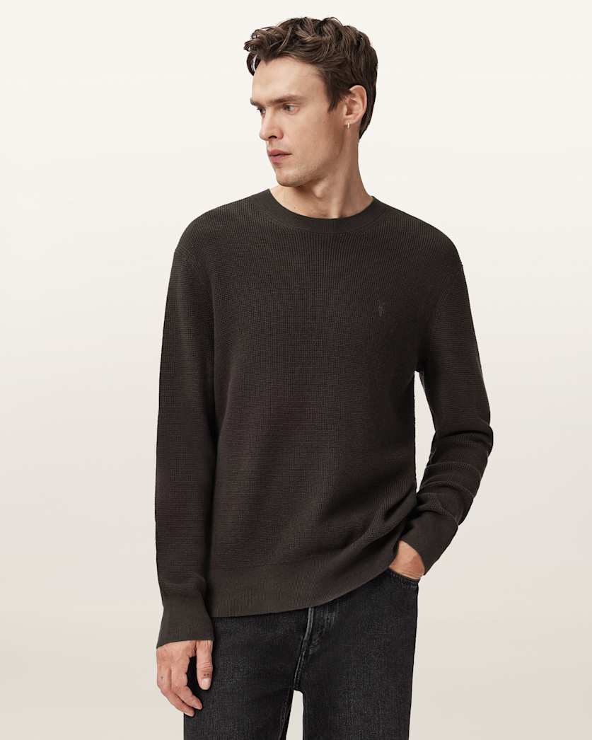 AllSaints Aspen Waffle Crew Neck Sweater Espresso Brown