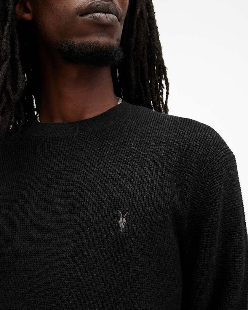 AllSaints Aspen Waffle Texture Crew Neck Ramskull Sweater Cinder Black Marl