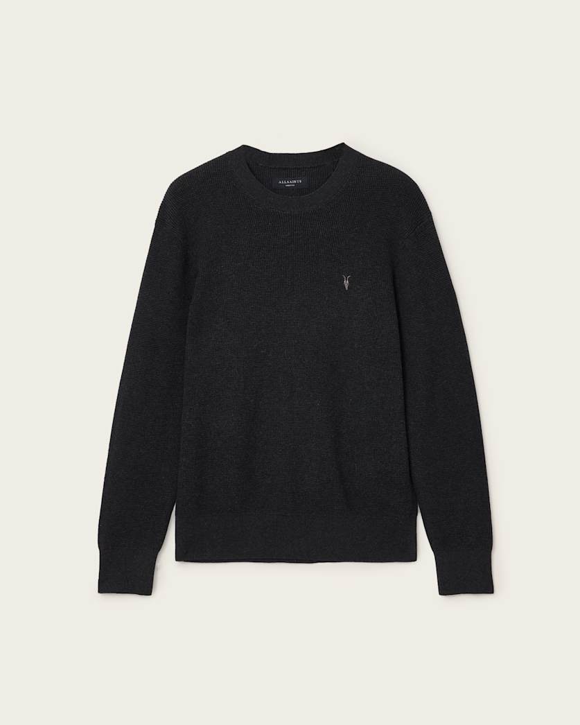 AllSaints Aspen Waffle Texture Crew Neck Ramskull Sweater Cinder Black Marl