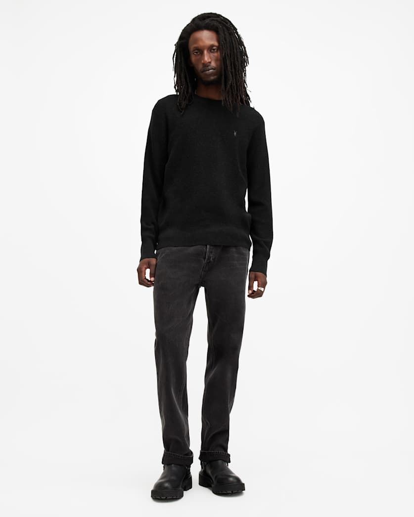 AllSaints Aspen Waffle Texture Crew Neck Ramskull Sweater Cinder Black Marl