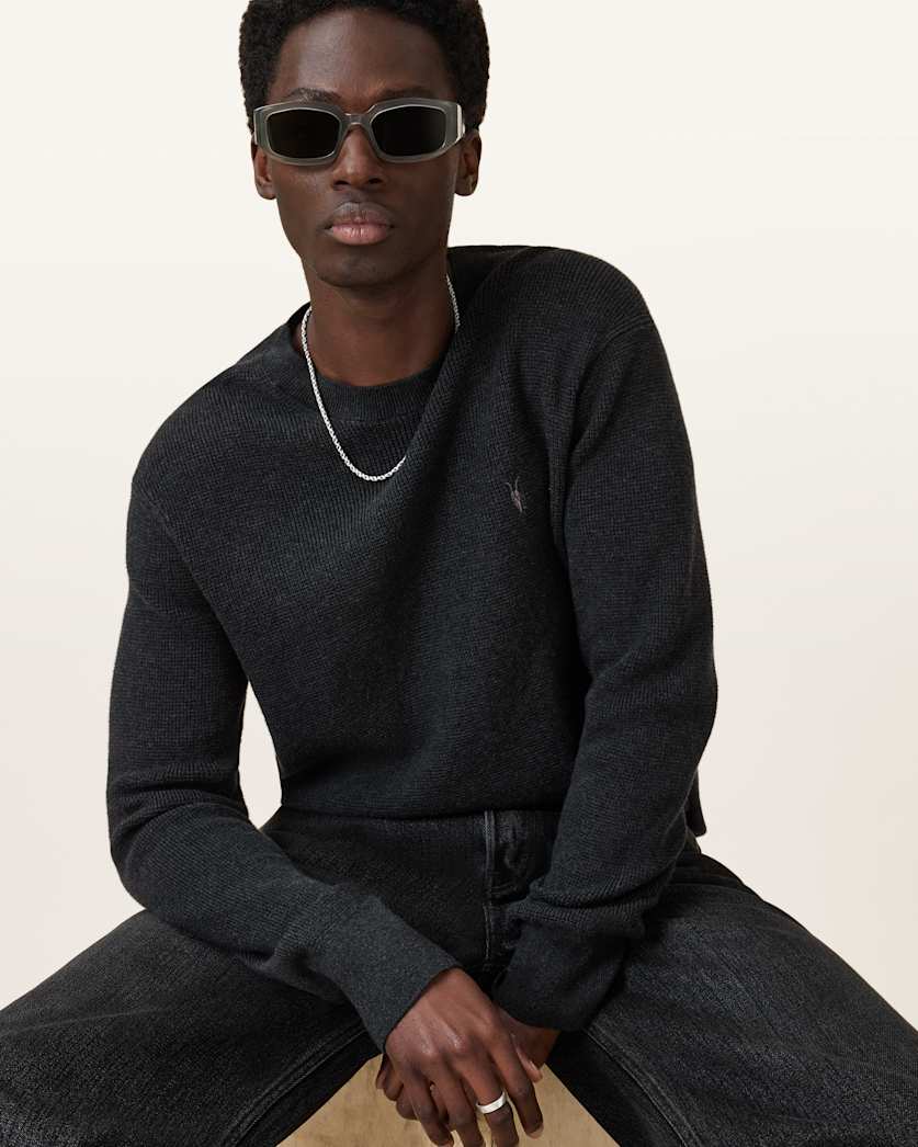 AllSaints Aspen Waffle Texture Crew Neck Ramskull Sweater Cinder Black Marl