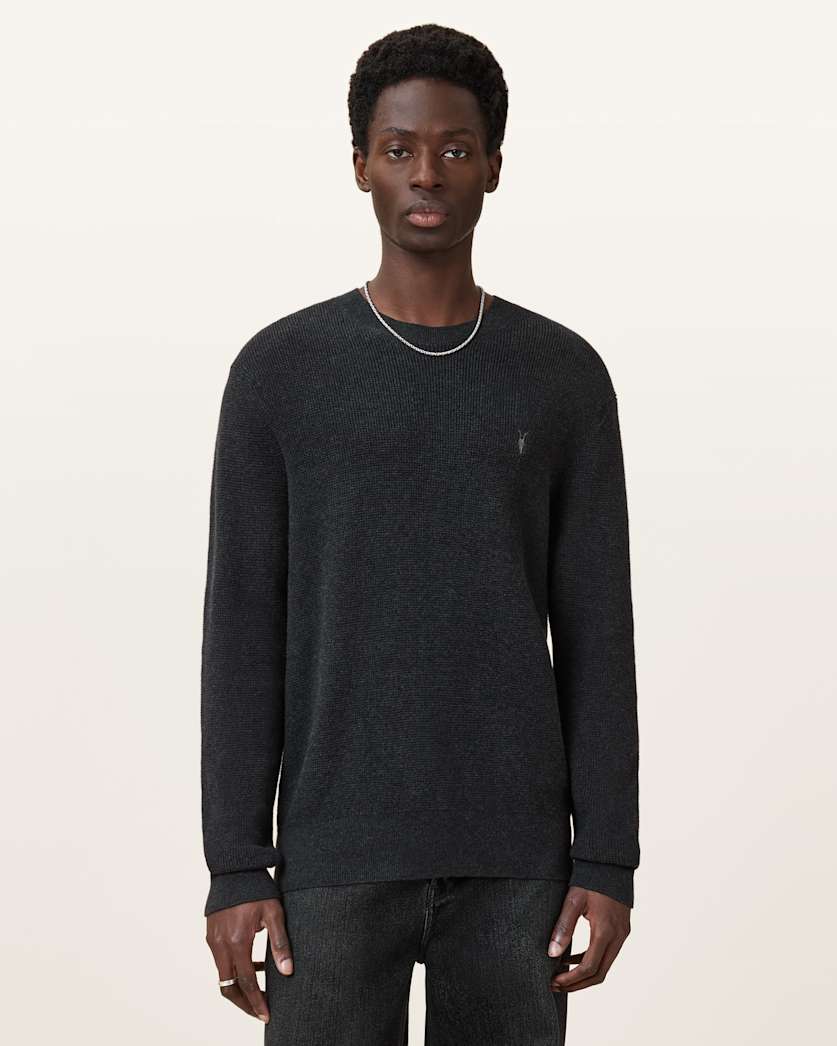 AllSaints Aspen Waffle Texture Crew Neck Ramskull Sweater Cinder Black Marl