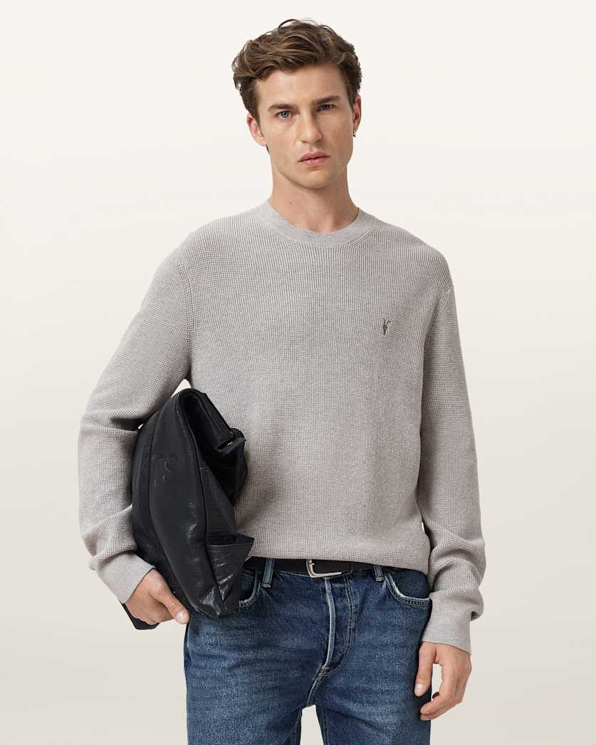 AllSaints Aspen Waffle Texture Crew Neck Ramskull Sweater Cinder Black Marl