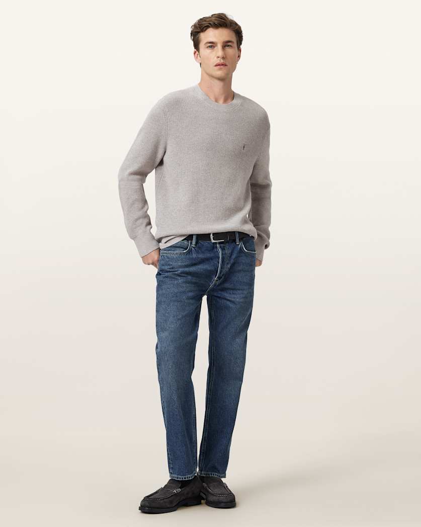 AllSaints Aspen Waffle Texture Crew Neck Ramskull Sweater Cinder Black Marl