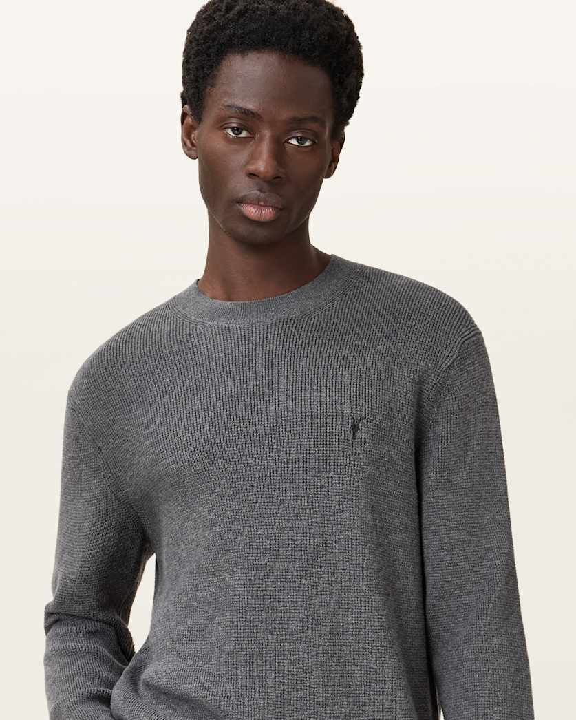 AllSaints Aspen Waffle Texture Crew Neck Ramskull Sweater Cinder Black Marl