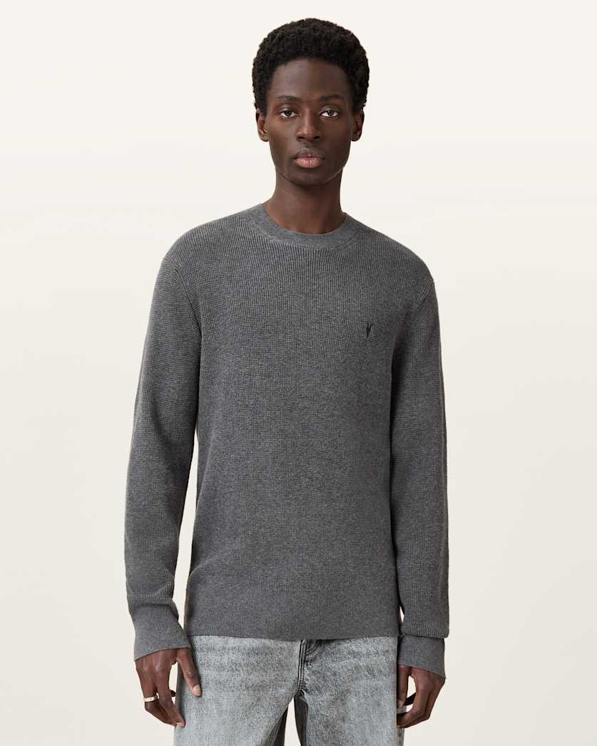 AllSaints Aspen Waffle Texture Crew Neck Ramskull Sweater Cinder Black Marl