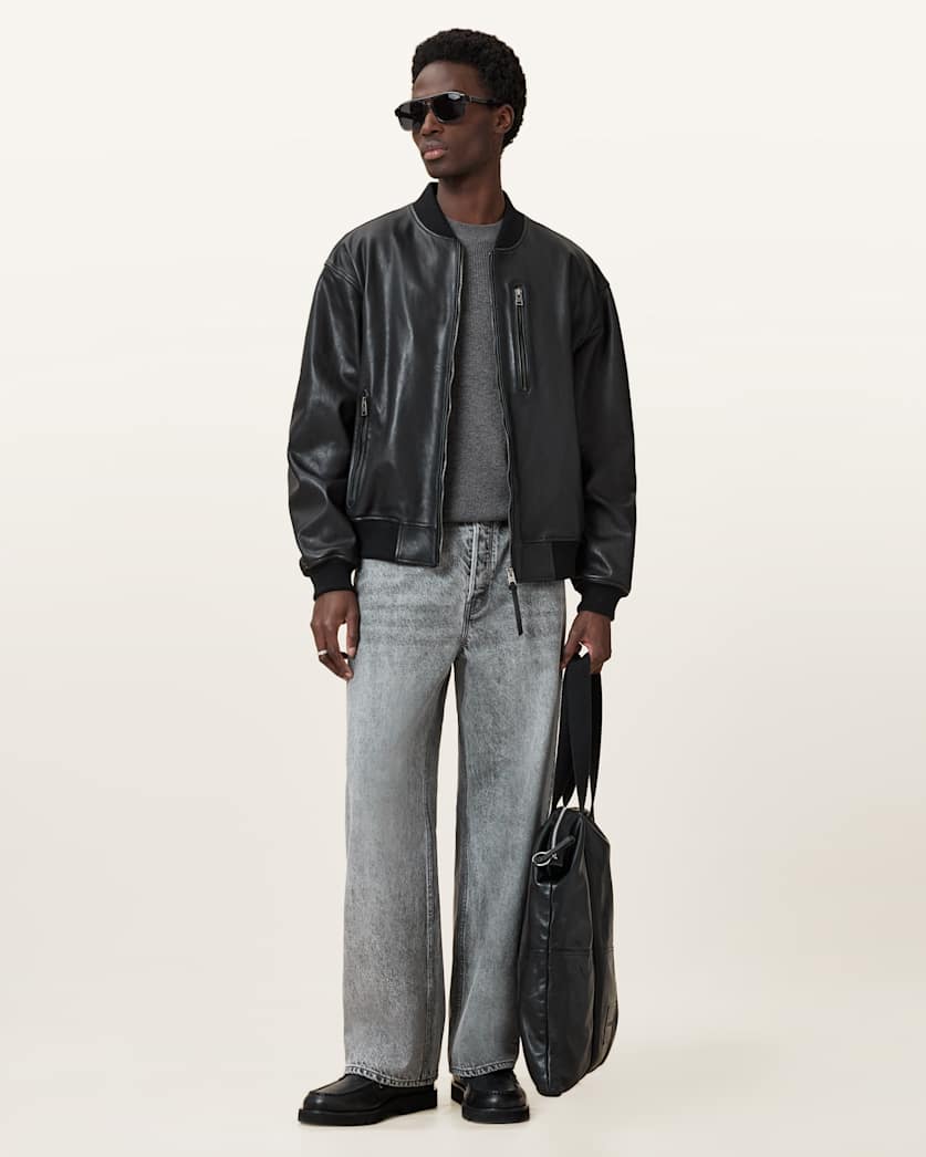 AllSaints Aspen Waffle Texture Crew Neck Ramskull Sweater Cinder Black Marl