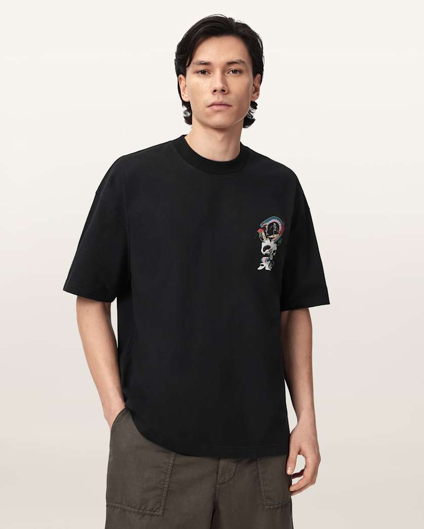 AllSaints Snakepit Oversized Short Sleeve Graphic T Shirt Washed Black