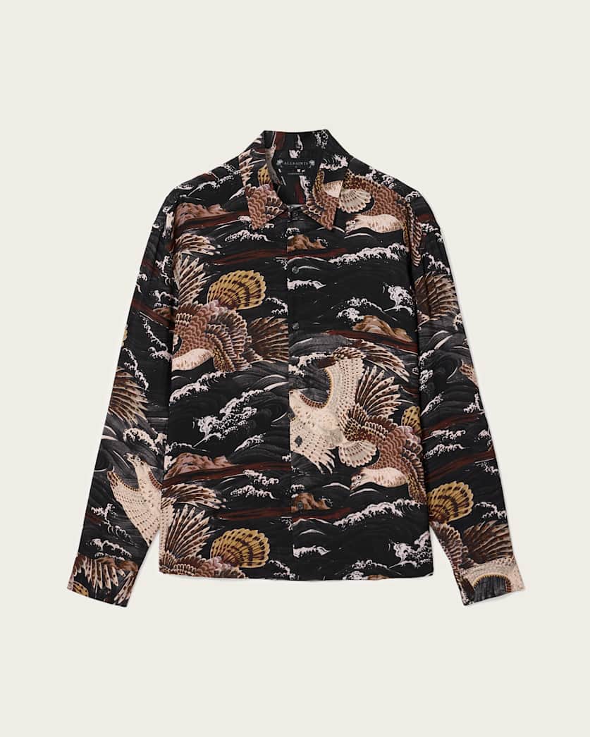AllSaints Corsican Printed Oversized Shirt Jet Black