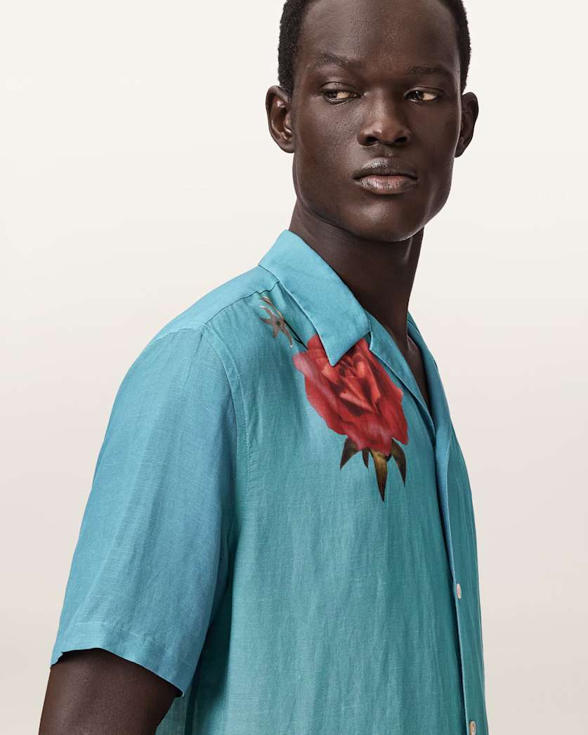 AllSaints Fleur Fazed Boxy Short Sleeve Shirt Anker Blue