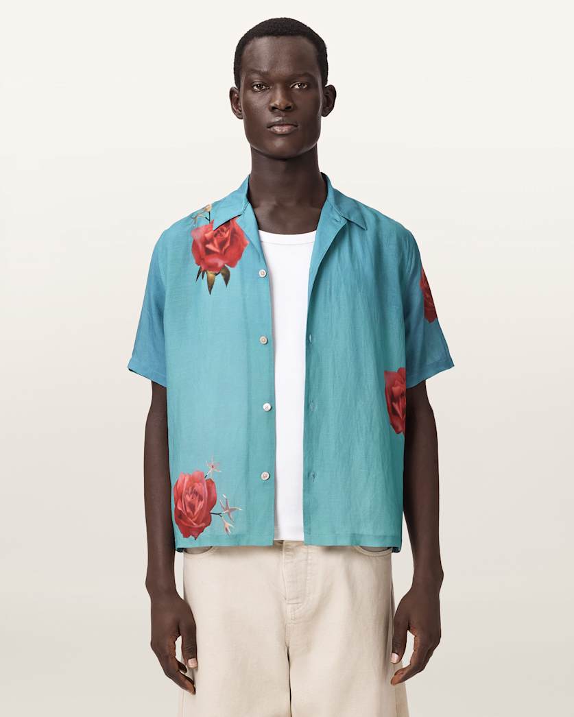 AllSaints Fleur Fazed Boxy Short Sleeve Shirt Anker Blue