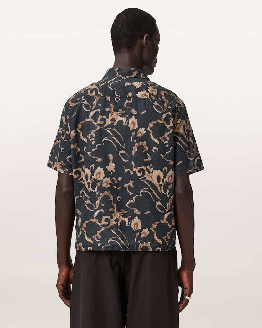 AllSaints Fortune Short Sleeve Linen Blend Boxy Shirt Bank Brown