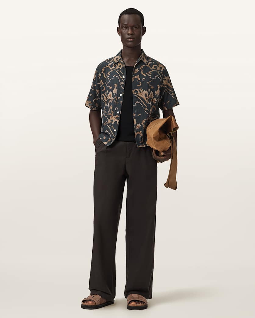 AllSaints Fortune Short Sleeve Linen Blend Boxy Shirt Bank Brown