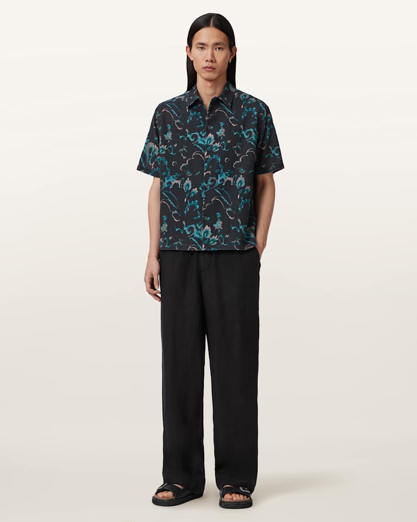 AllSaints Fortune Short Sleeve Linen Blend Boxy Shirt Bank Brown