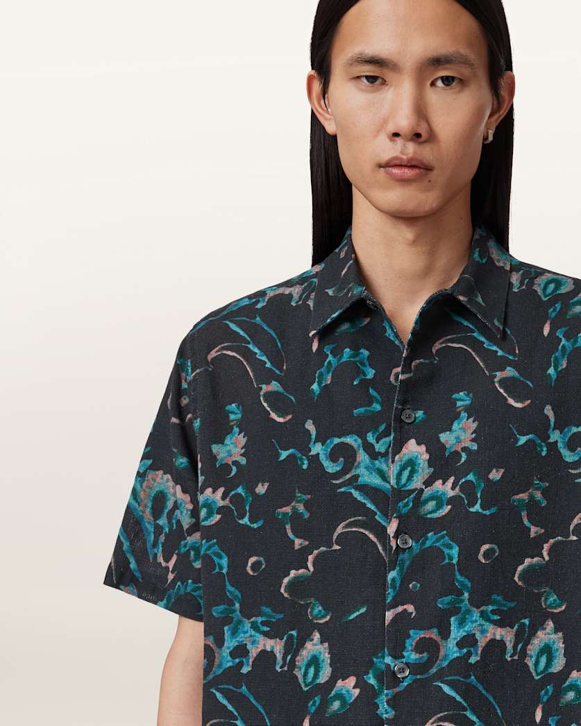 AllSaints Fortune Short Sleeve Linen Blend Boxy Shirt Bank Brown