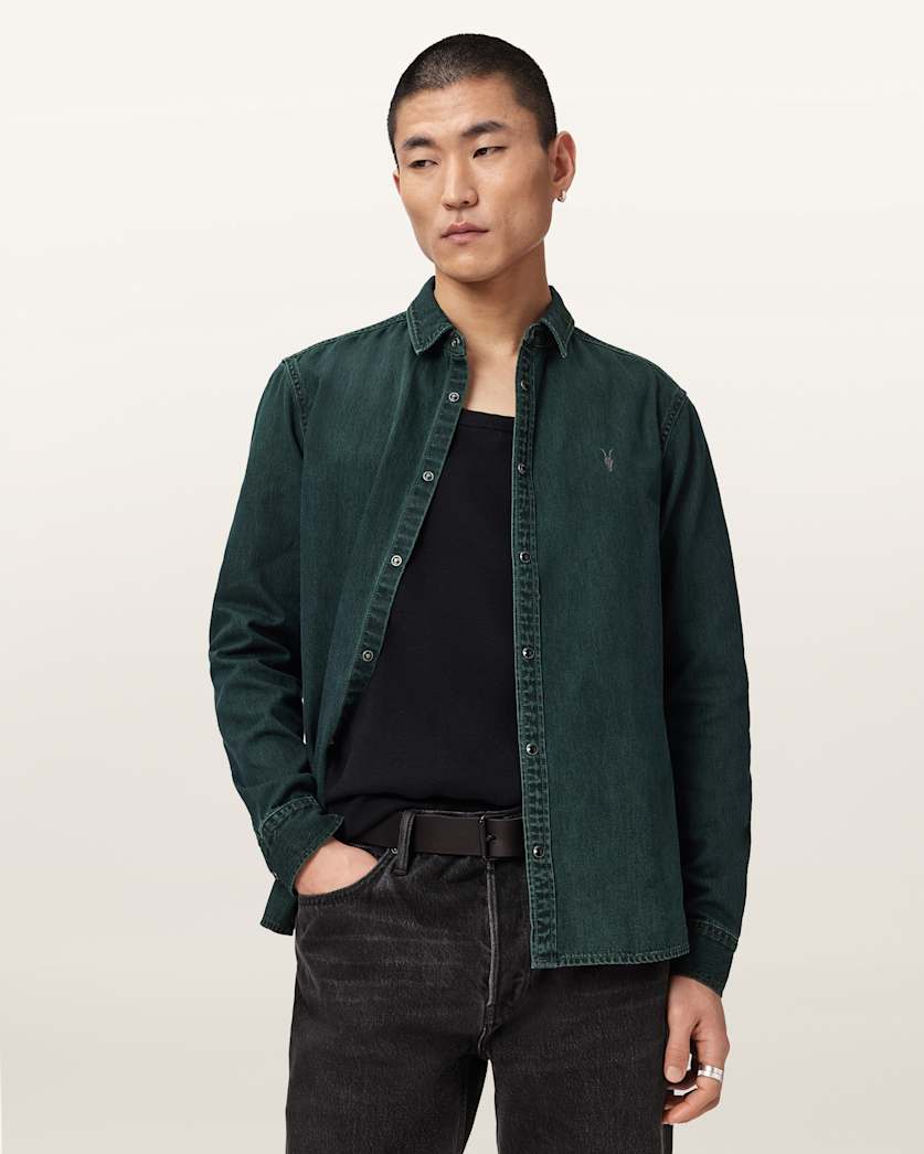 AllSaints Gleason Long Sleeve Ramskull Shirt Phantom Blue