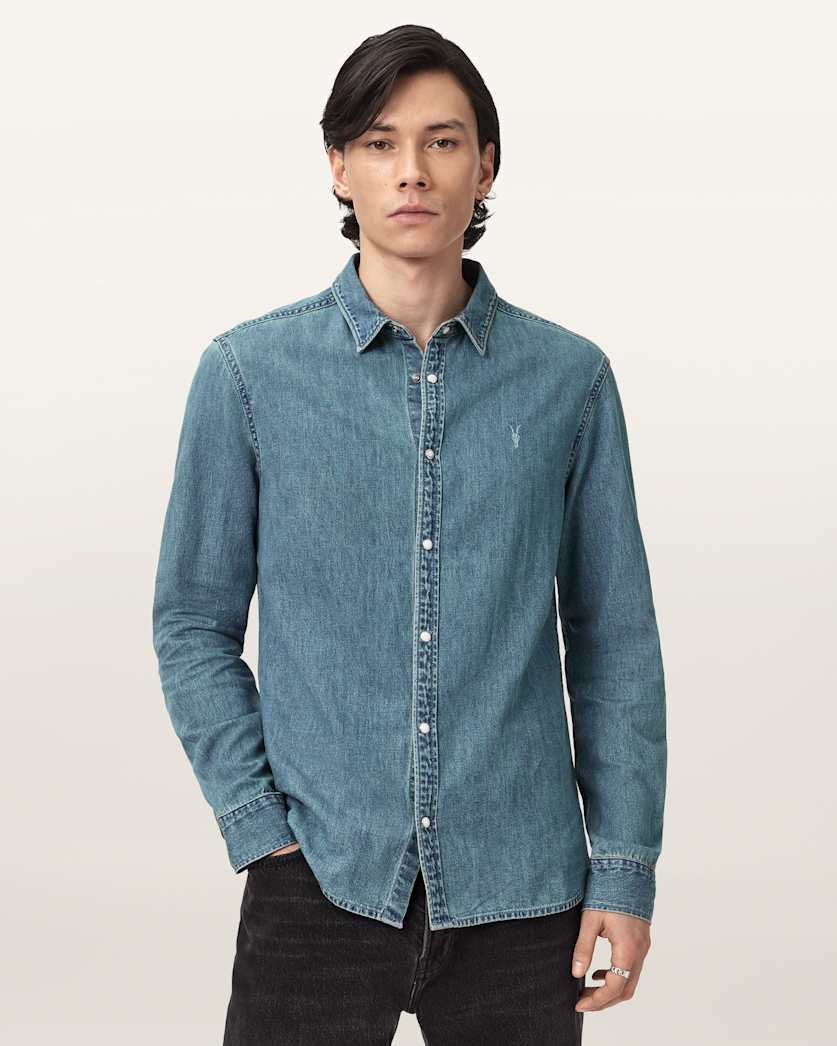AllSaints Gleason Long Sleeve Ramskull Shirt Phantom Blue