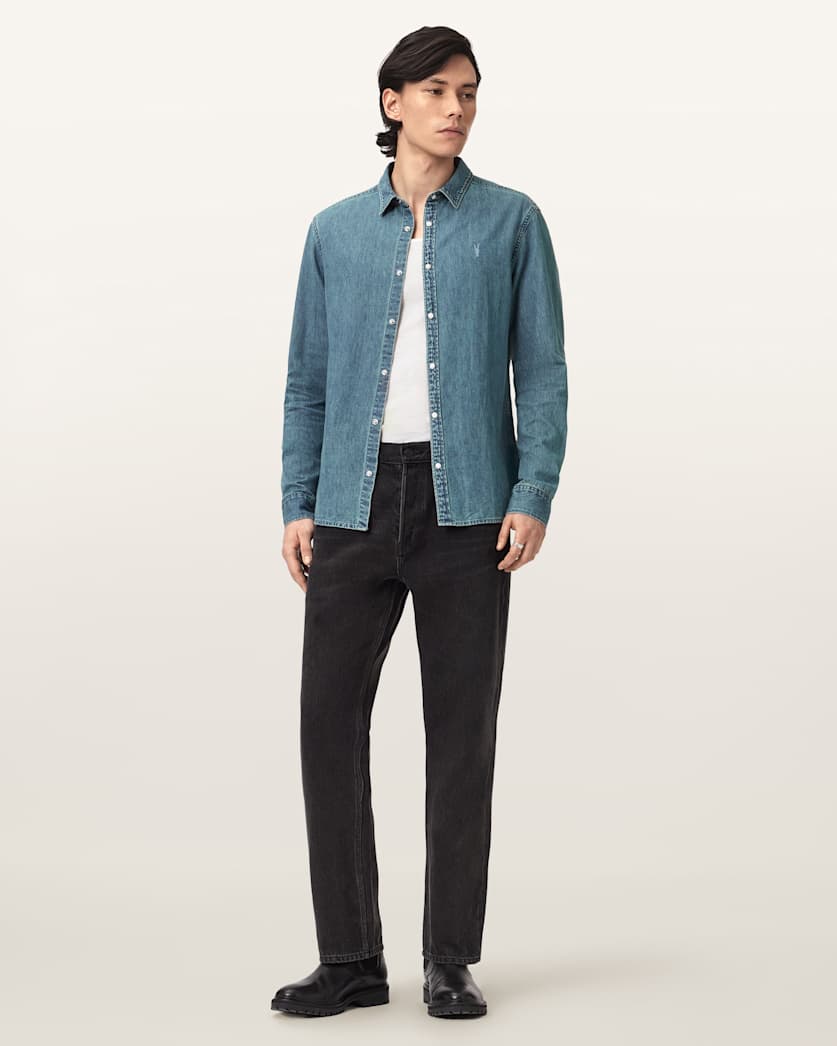 AllSaints Gleason Long Sleeve Ramskull Shirt Phantom Blue