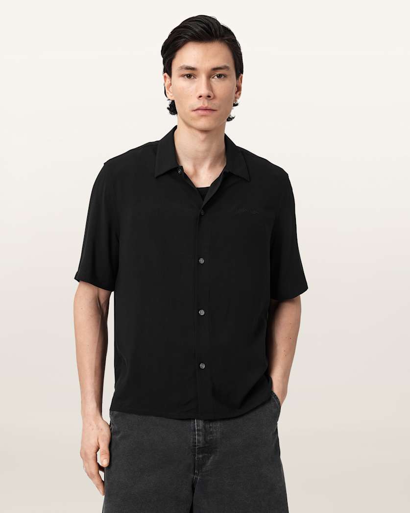 AllSaints Baron Embroidered Boxy Shirt Jet Black