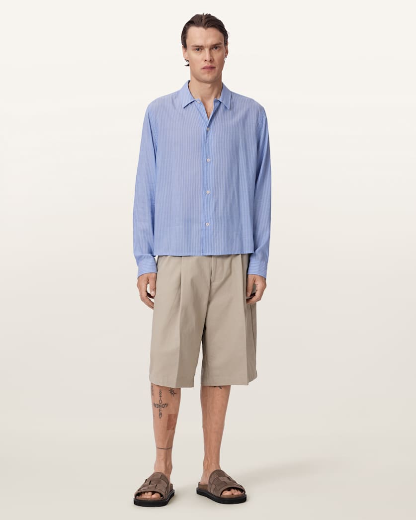 AllSaints Furrow Long Sleeve Boxy Striped Shirt Aero Blue