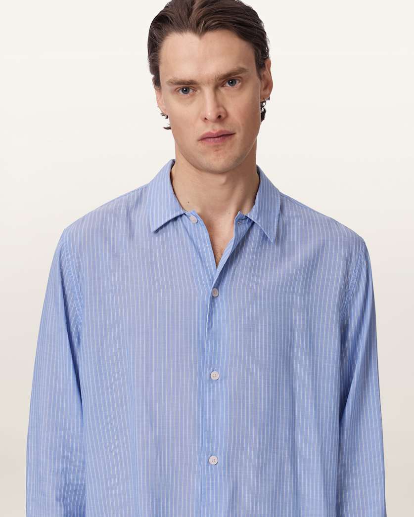 AllSaints Furrow Long Sleeve Boxy Striped Shirt Aero Blue