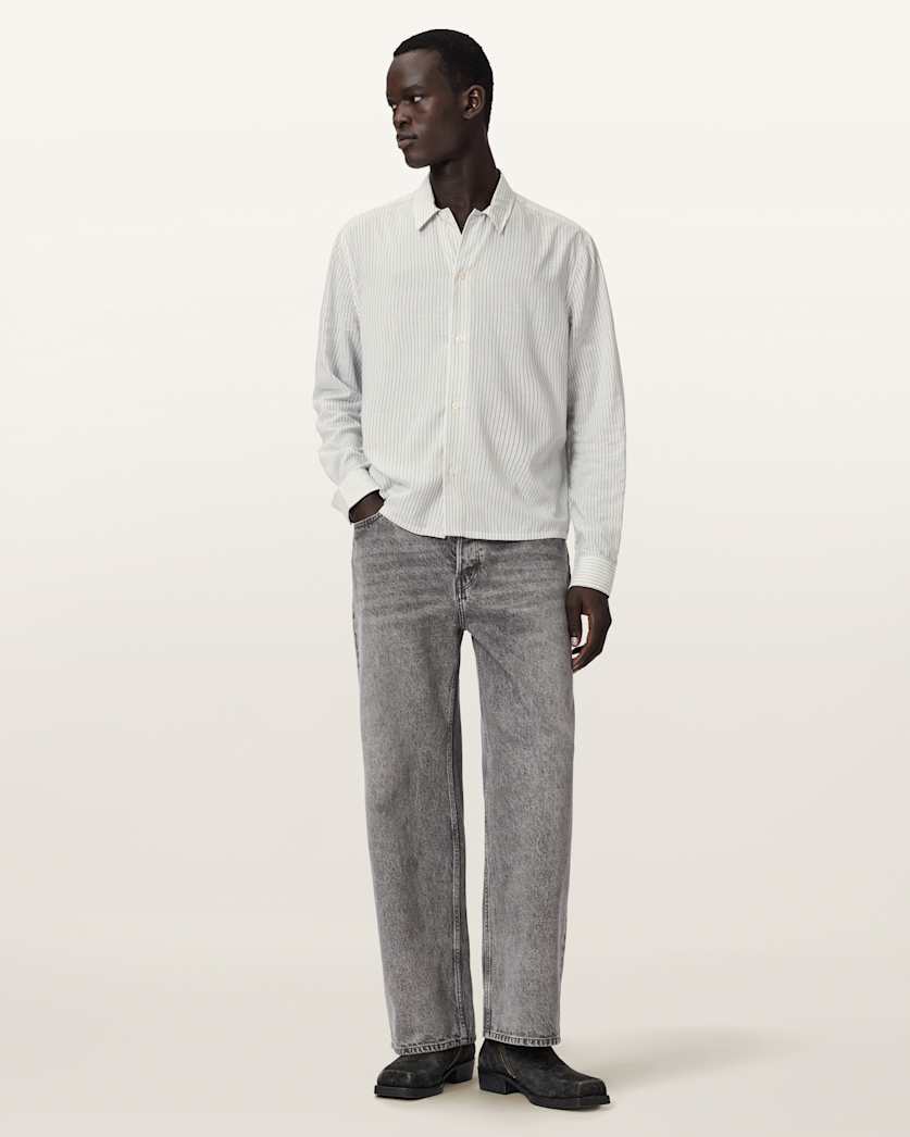 AllSaints Furrow Long Sleeve Boxy Striped Shirt Aero Blue