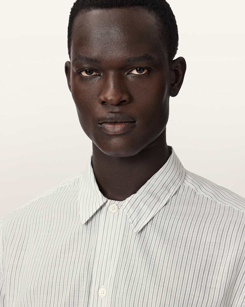 AllSaints Furrow Long Sleeve Boxy Striped Shirt Aero Blue
