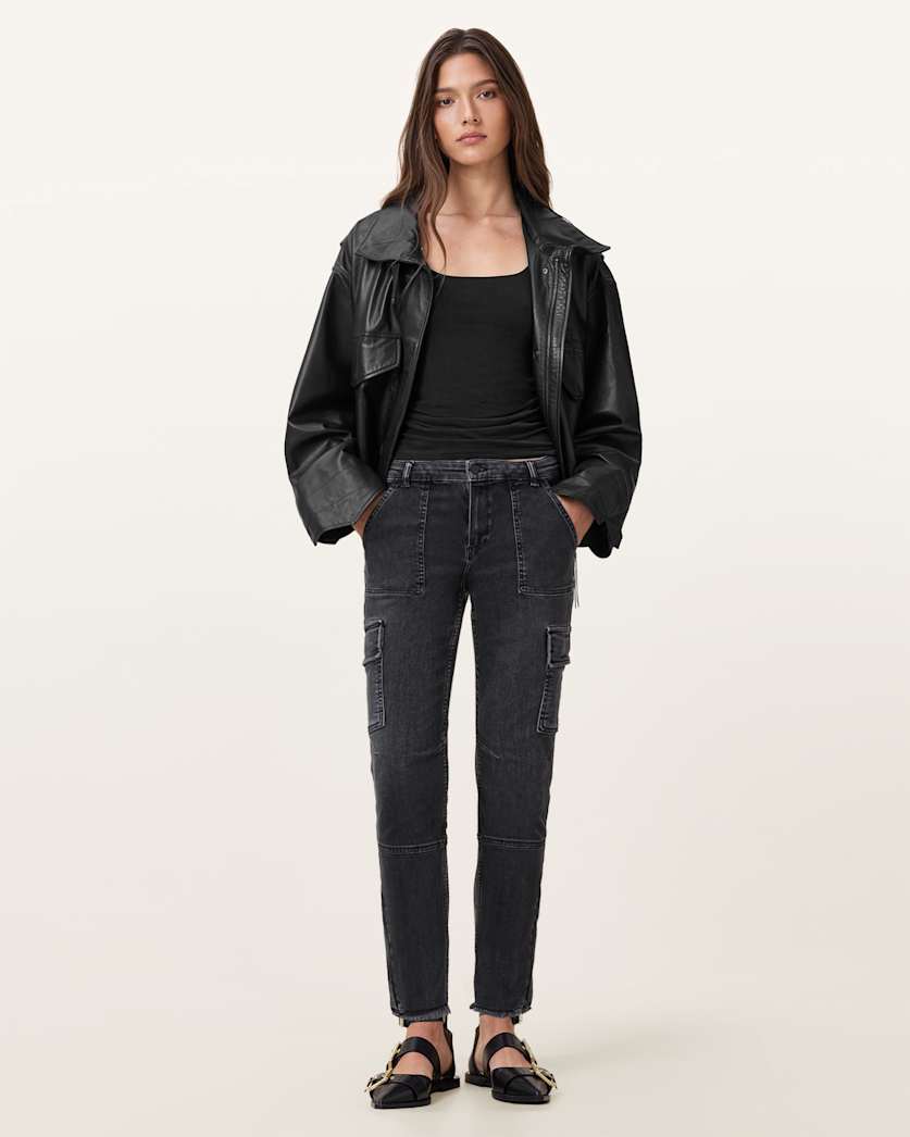 AllSaints Duran Skinny Denim Cargo Jeans Women's Washed Black Women's