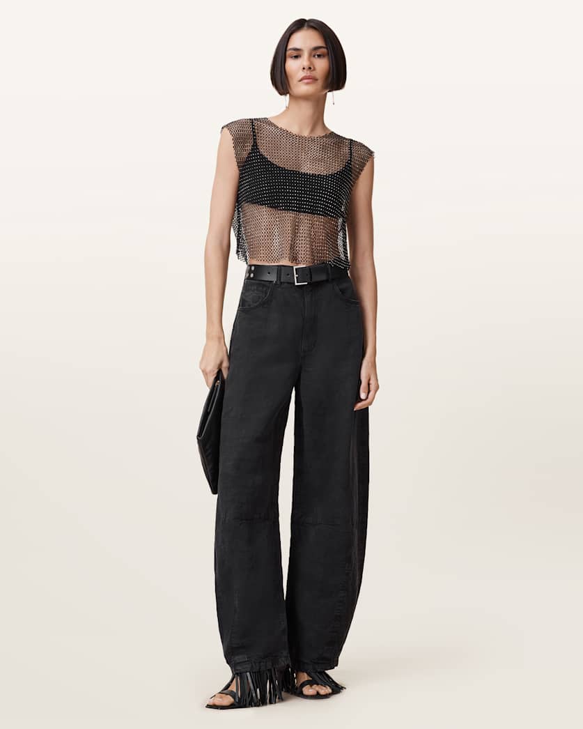 AllSaints Calytrix Sparkle Fish Net Top Women's Black Women's