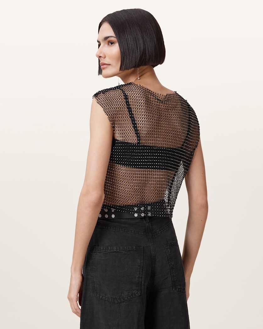 AllSaints Calytrix Sparkle Fish Net Top Women's Black Women's