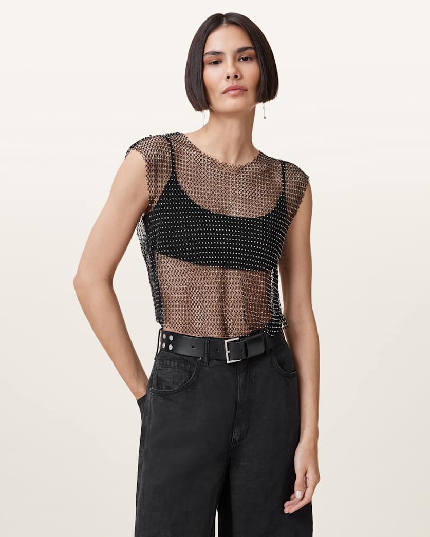 AllSaints Calytrix Sparkle Fish Net Top Women's Black Women's
