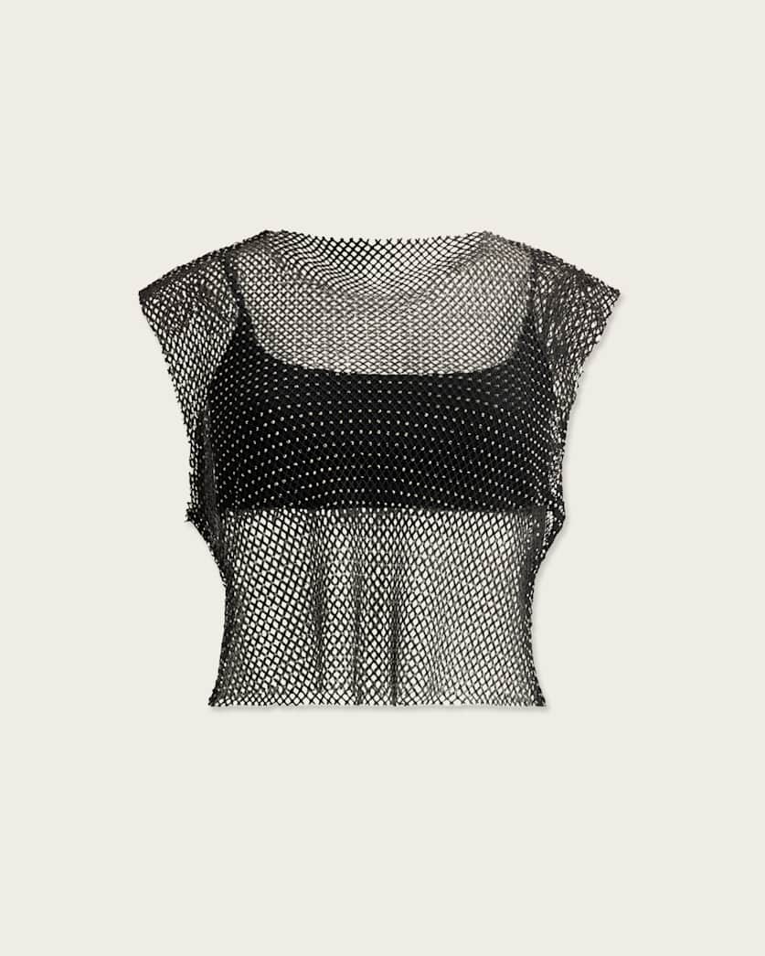 AllSaints Calytrix Sparkle Fish Net Top Women's Black Women's