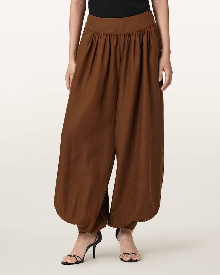 AllSaints Harrie Linen Blend Baggy Fit Pants Women's Hot Choc Brown Women's