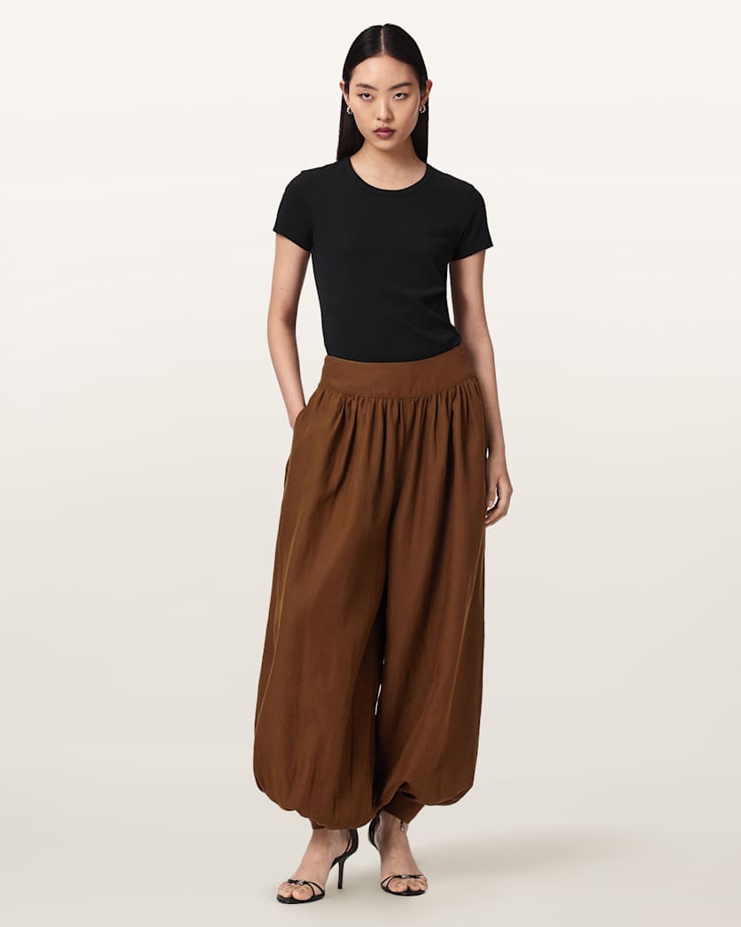AllSaints Harrie Linen Blend Baggy Fit Pants Women's Hot Choc Brown Women's
