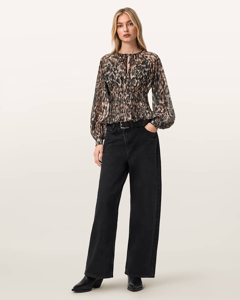 AllSaints Cern Animal Print Shirred Top Women's Prowl Golden Brown Women's