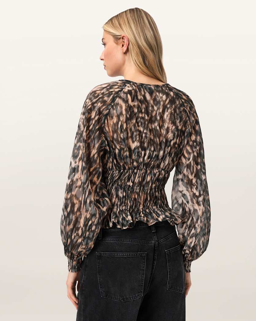 AllSaints Cern Animal Print Shirred Top Women's Prowl Golden Brown Women's