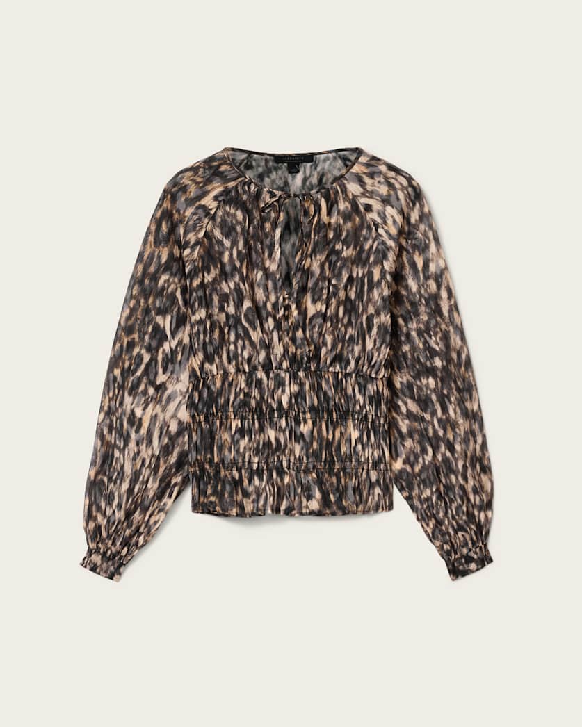AllSaints Cern Animal Print Shirred Top Women's Prowl Golden Brown Women's