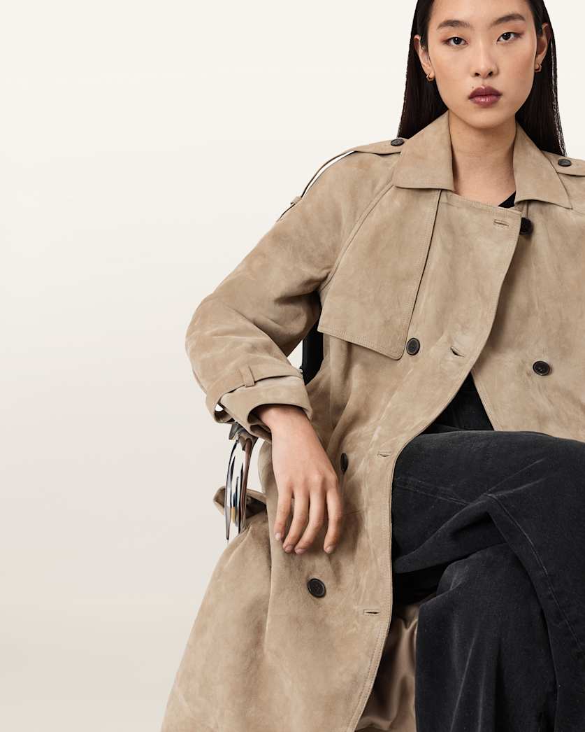 AllSaints Reed Suede Trench Coat Women's Taupe Brown Women's