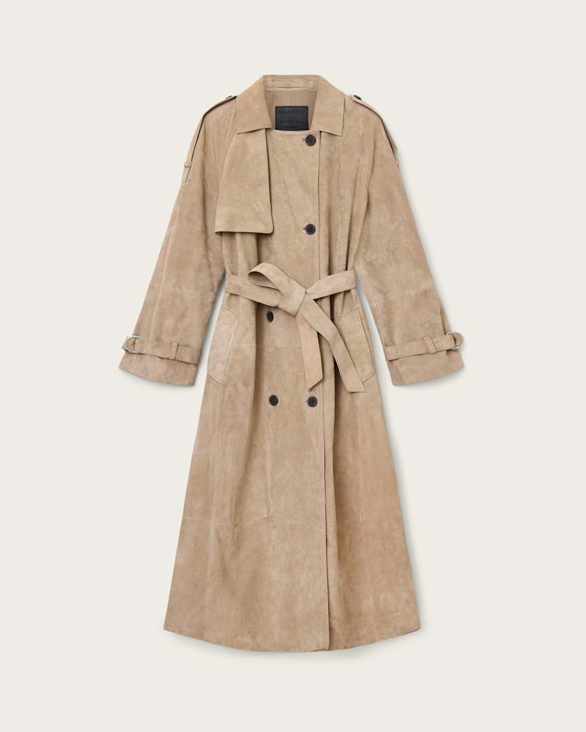 AllSaints Reed Suede Trench Coat Women's Taupe Brown Women's