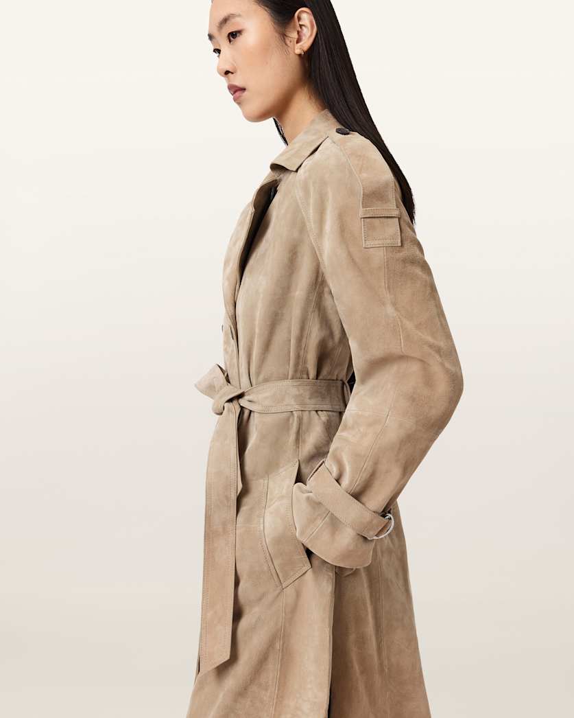 AllSaints Reed Suede Trench Coat Women's Taupe Brown Women's